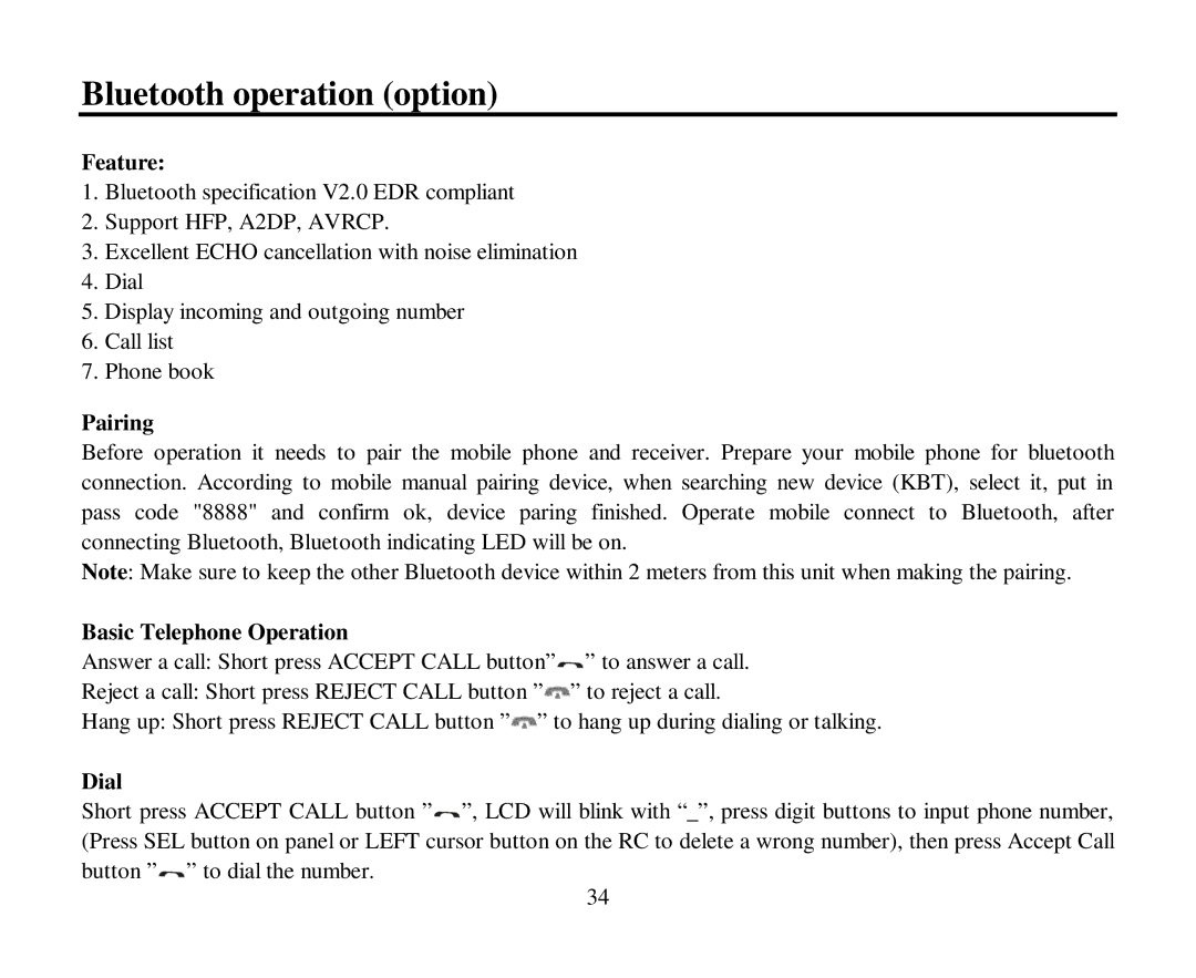 Hyundai H-CMD7086 instruction manual Bluetooth operation option, Feature, Pairing, Basic Telephone Operation, Dial 