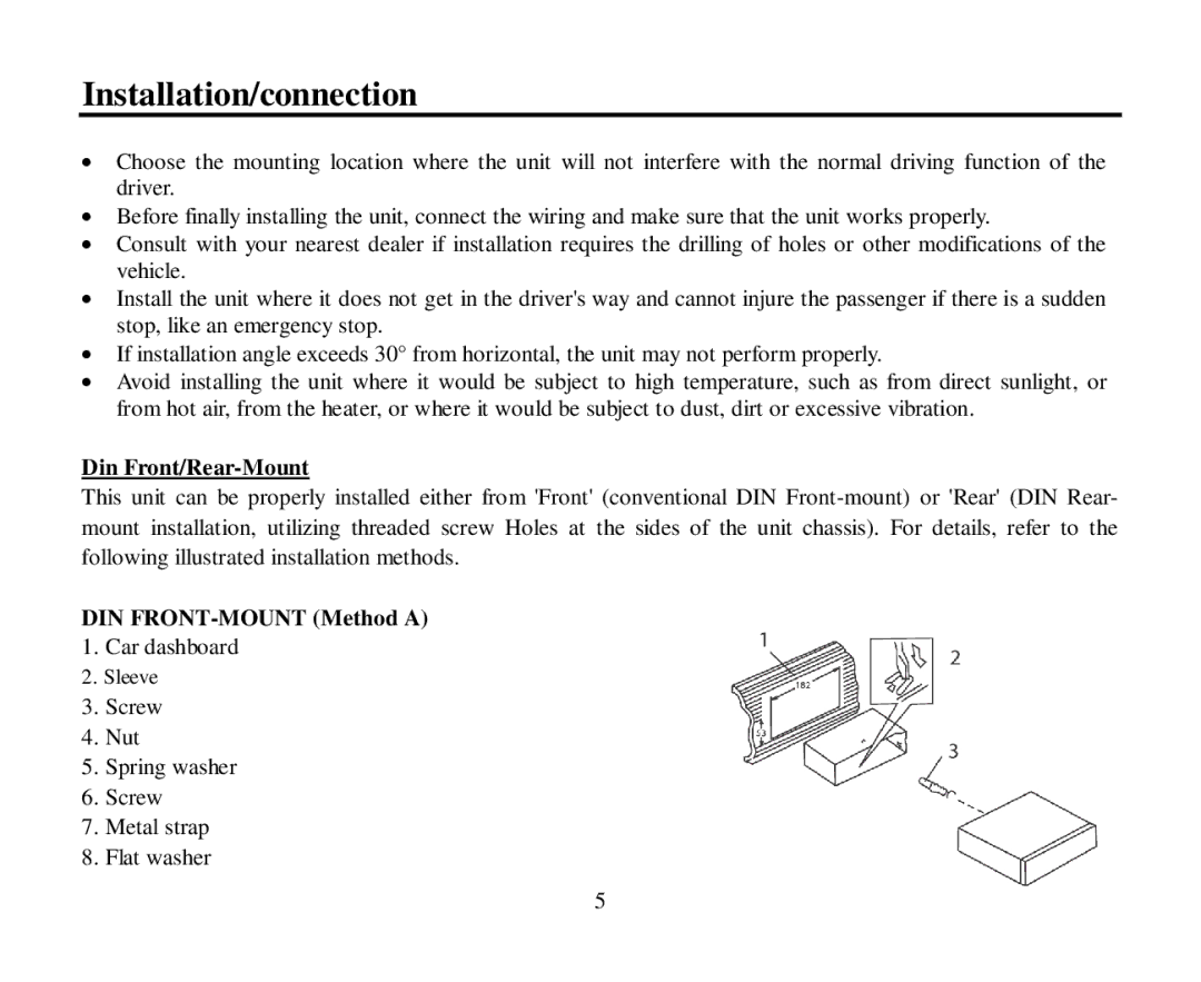 Hyundai H-CMD7086 instruction manual Installation/connection, Din Front/Rear-Mount, DIN FRONT-MOUNT Method a 