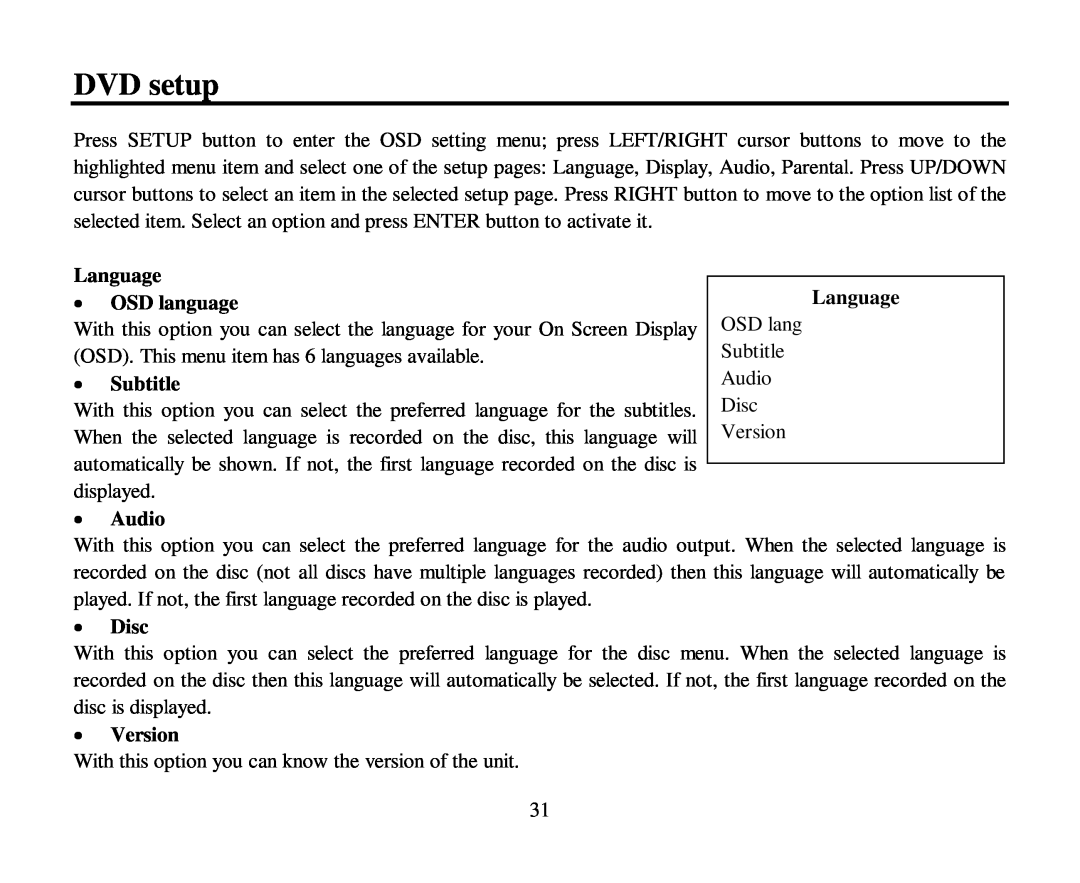 Hyundai H-CMD7086 instruction manual DVD setup, Language, OSD language, Subtitle, Audio, Disc, Version 