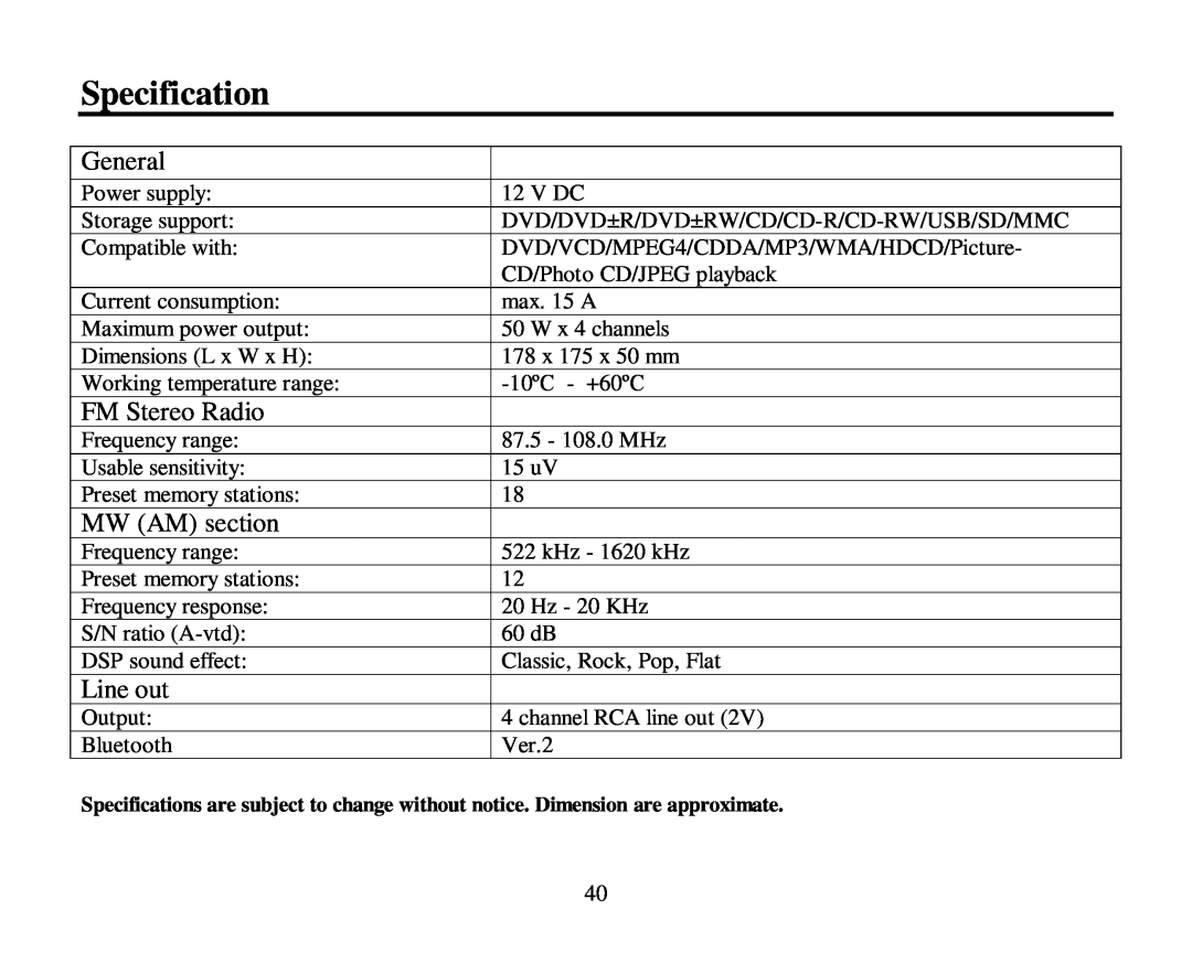 Hyundai H-CMD7086 instruction manual Specification, General, FM Stereo Radio, MW AM section, Line out 