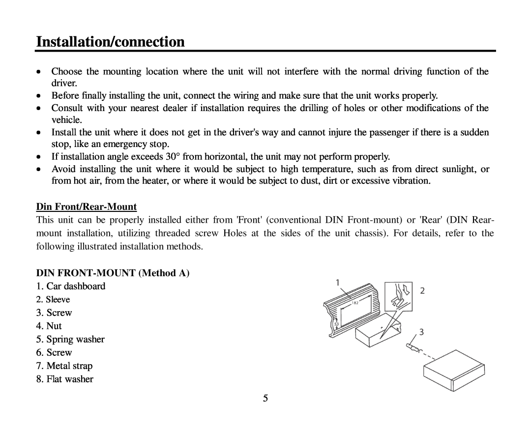 Hyundai H-CMD7086 instruction manual Installation/connection, Din Front/Rear-Mount, DIN FRONT-MOUNTMethod A 