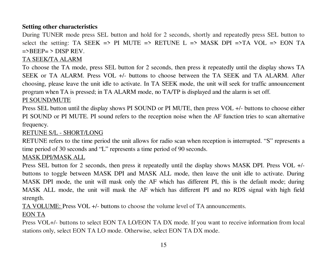 Hyundai H-CMD7087 instruction manual Setting other characteristics, TA SEEK/TA Alarm 