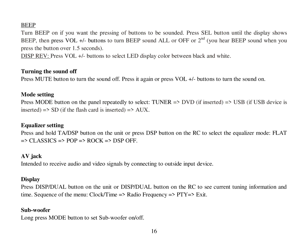 Hyundai H-CMD7087 instruction manual Turning the sound off, Mode setting, Equalizer setting, AV jack, Display, Sub-woofer 