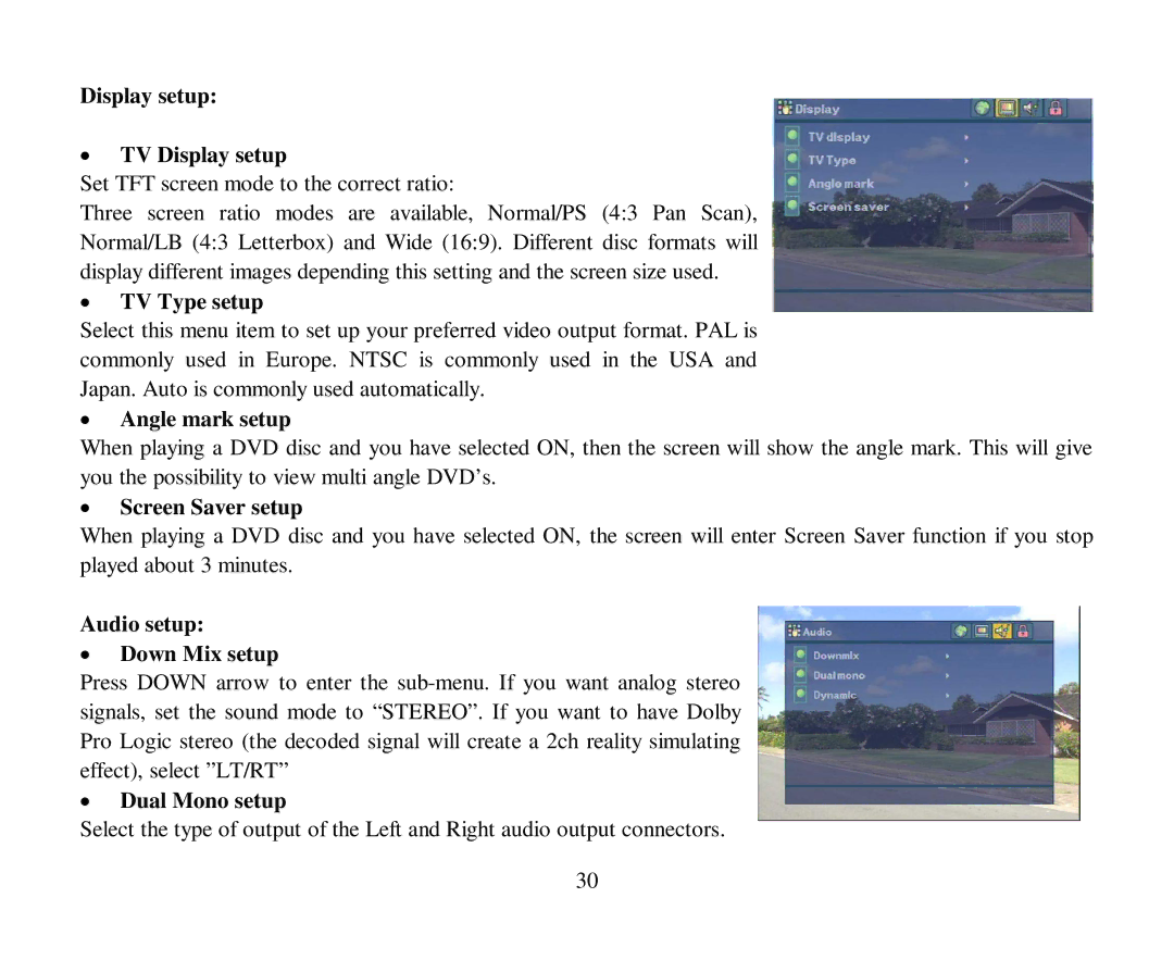 Hyundai H-CMD7087 Display setup TV Display setup, TV Type setup, Angle mark setup, Screen Saver setup, Dual Mono setup 