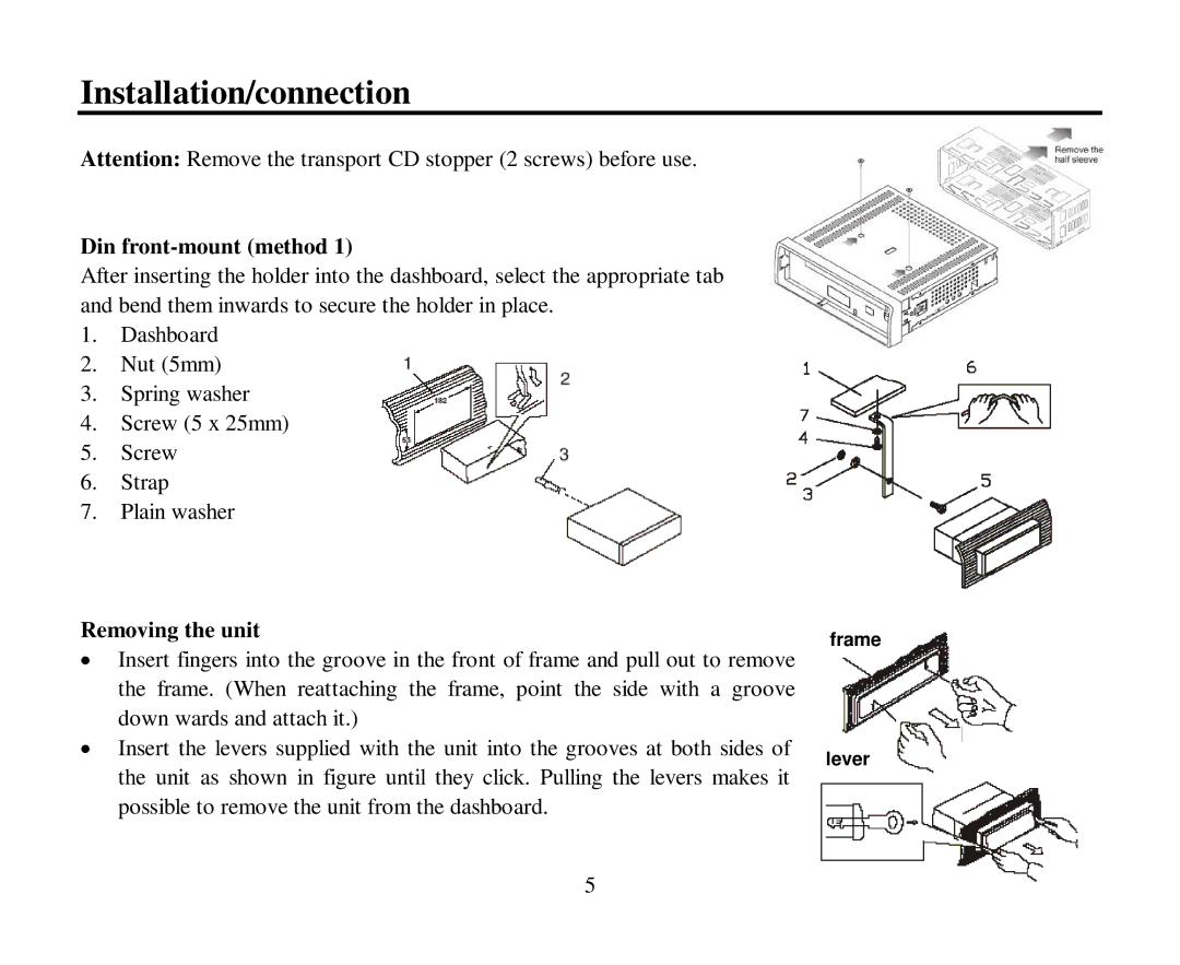 Hyundai H-CMD7087 instruction manual Installation/connection, Din front-mount method, Removing the unit 