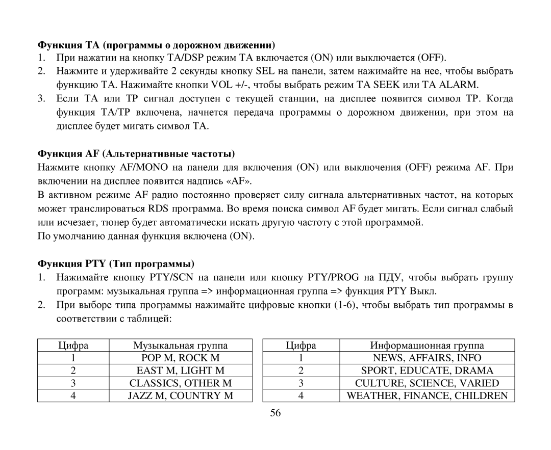 Hyundai H-CMD7087 Функция TA прοграммы ο дοрοнοм двиении, Функция AF Αльтернативные частοты, Функция PTY Τип прοграммы 