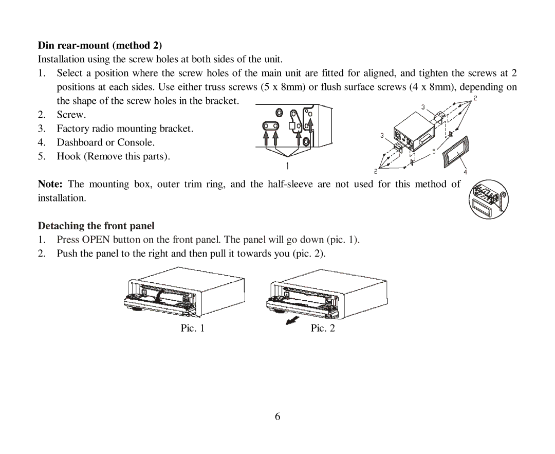 Hyundai H-CMD7087 instruction manual Din rear-mount method, Detaching the front panel 