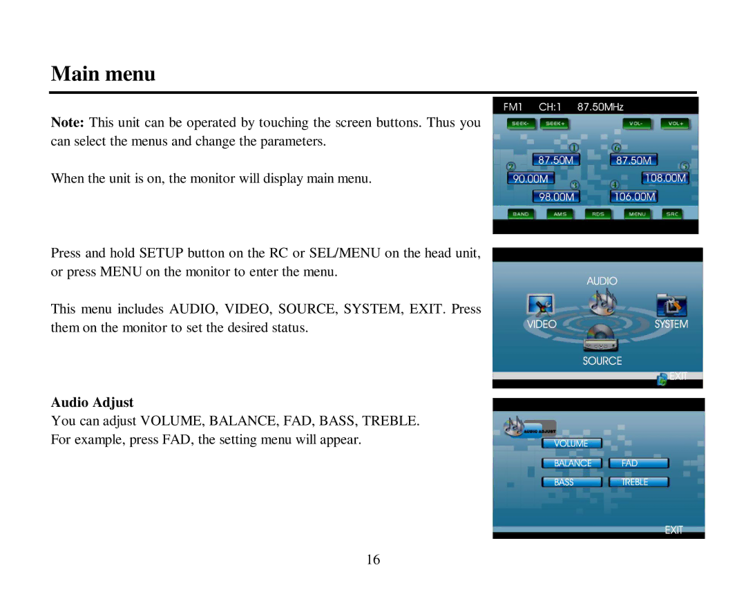 Hyundai H-CMDN6000 instruction manual Main menu, Audio Adjust 