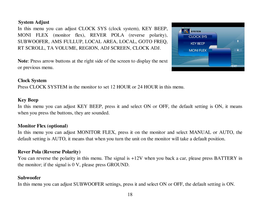 Hyundai H-CMDN6000 System Adjust, Clock System, Key Beep, Monitor Flex optional, Rever Pola Reverse Polarity, Subwoofer 