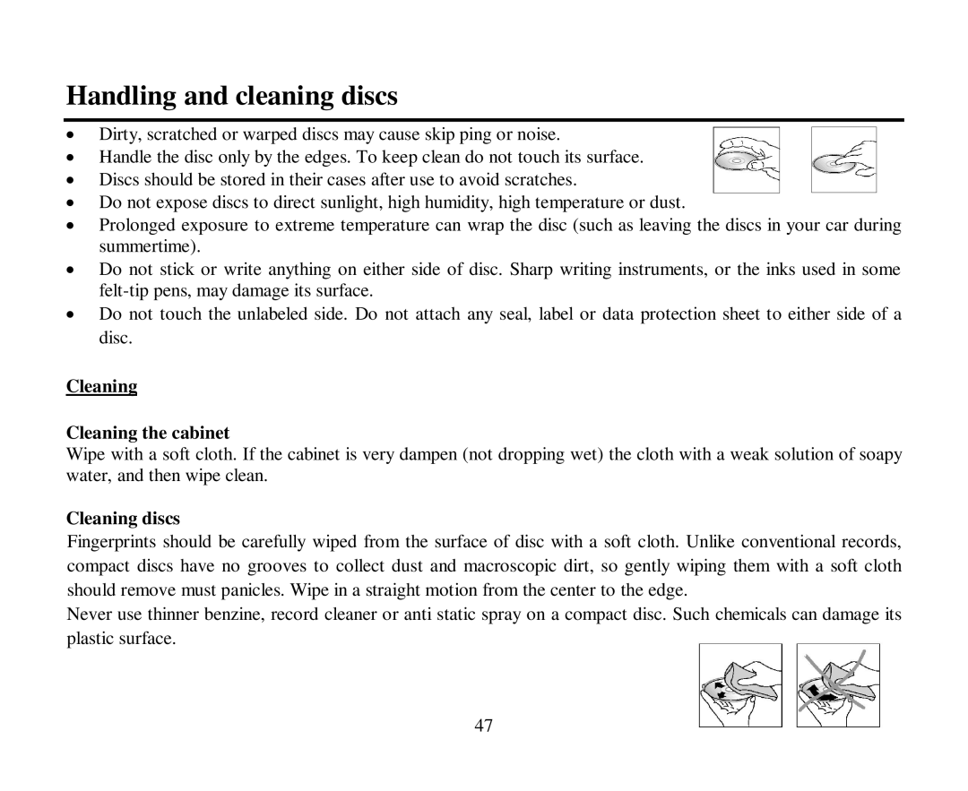 Hyundai H-CMDN6000 instruction manual Handling and cleaning discs, Cleaning Cleaning the cabinet, Cleaning discs 