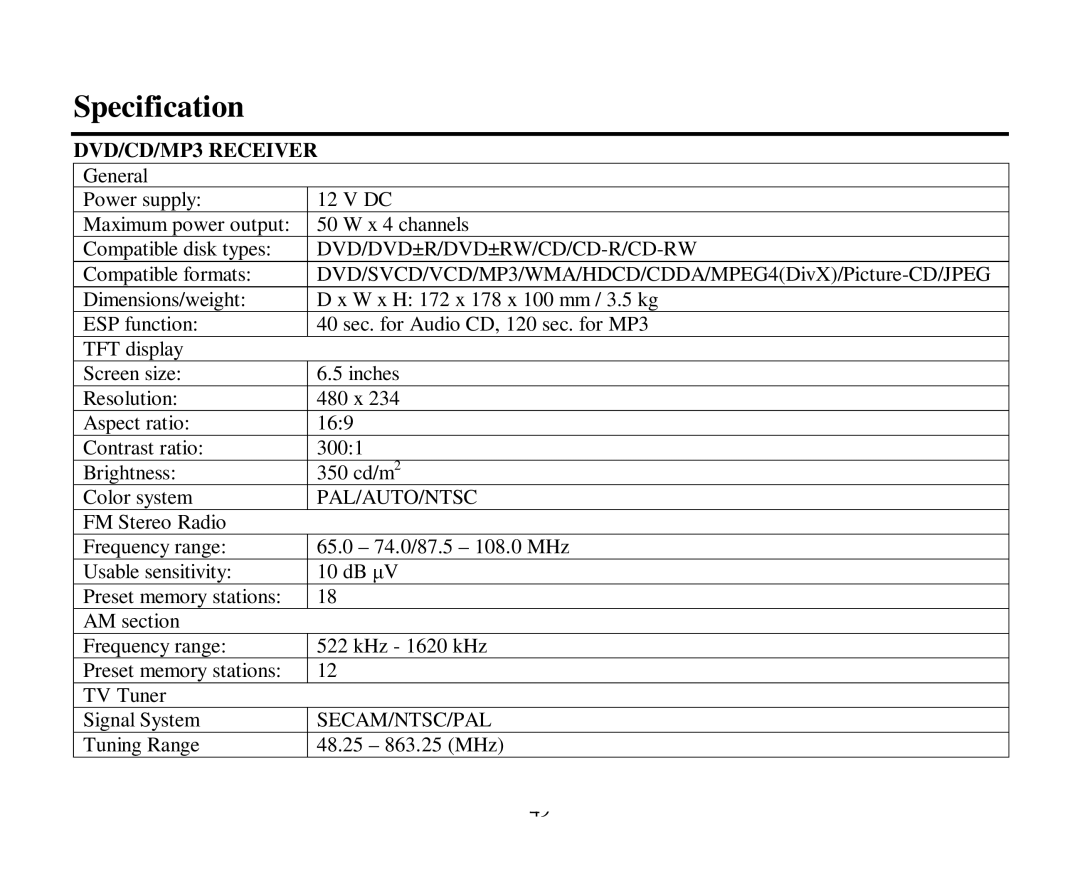 Hyundai H-CMDN6000 instruction manual Specification, DVD/CD/MP3 Receiver 