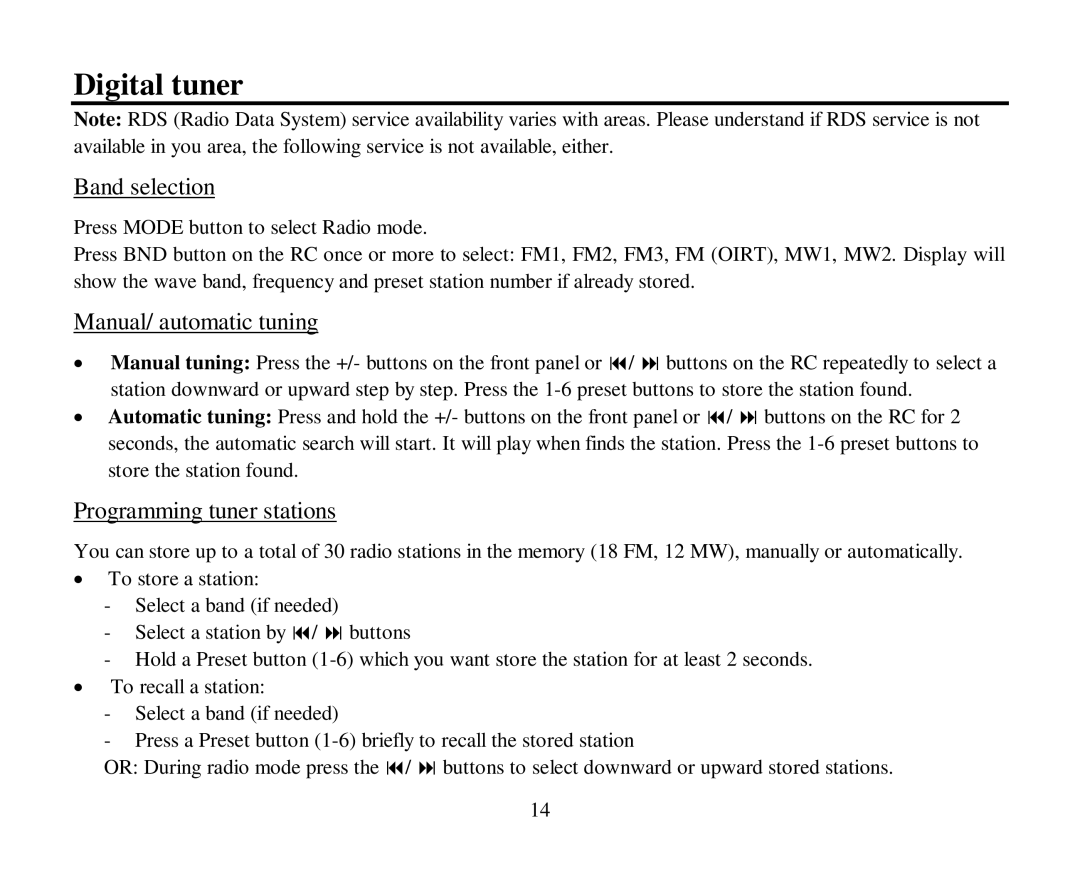 Hyundai H-CMMD4040 instruction manual Digital tuner, Band selection, Manual/ automatic tuning, Programming tuner stations 