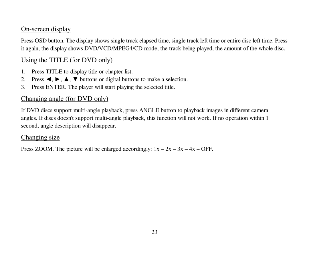 Hyundai H-CMMD4040 On-screen display, Using the Title for DVD only, Changing angle for DVD only, Changing size 