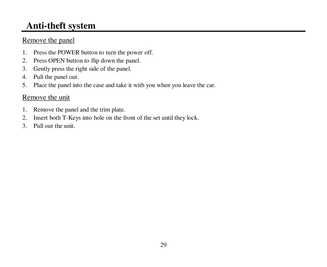 Hyundai H-CMMD4040 instruction manual Anti-theft system, Remove the panel, Remove the unit 