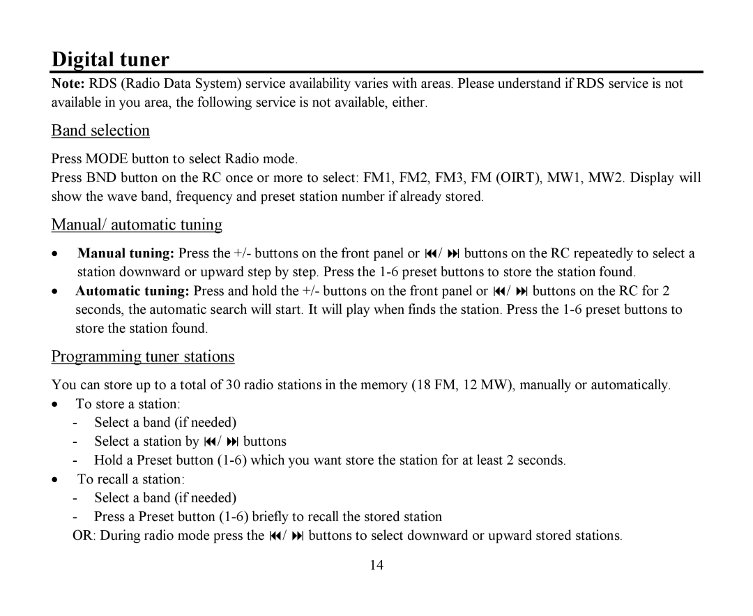 Hyundai H-CMMD4040 instruction manual Digital tuner, Band selection, Manual/ automatic tuning, Programming tuner stations 