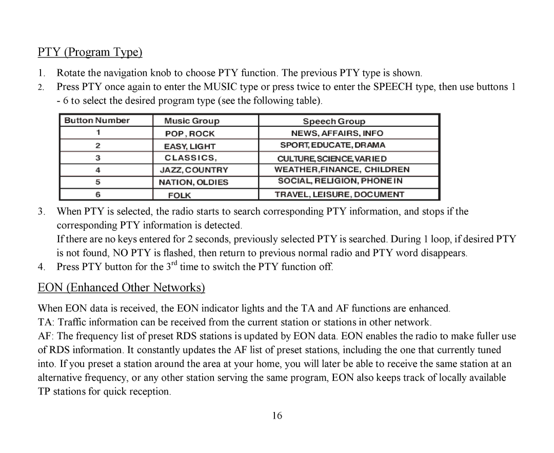 Hyundai H-CMMD4040 instruction manual PTY Program Type, EON Enhanced Other Networks 