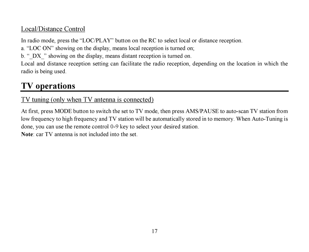 Hyundai H-CMMD4040 instruction manual TV operations, Local/Distance Control, TV tuning only when TV antenna is connected 