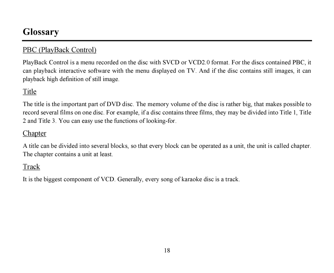 Hyundai H-CMMD4040 instruction manual Glossary, PBC PlayBack Control, Title, Chapter, Track 