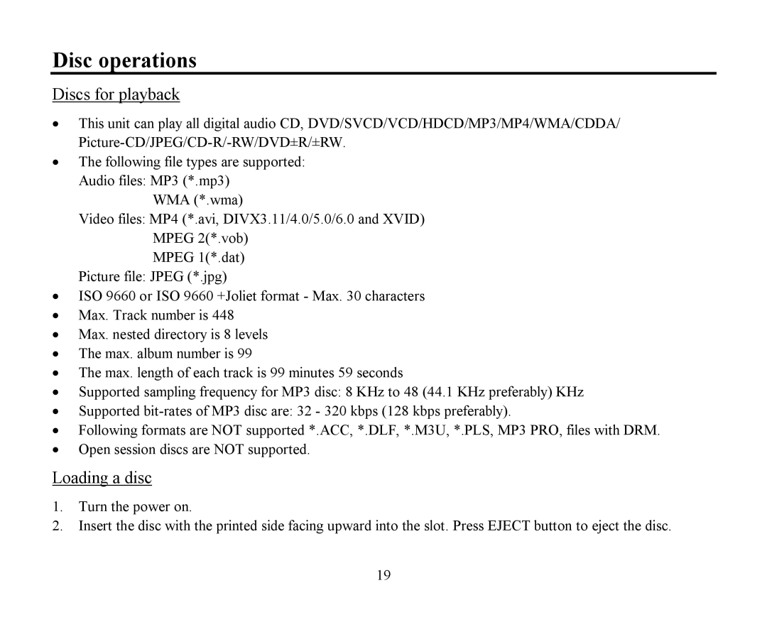 Hyundai H-CMMD4040 instruction manual Disc operations, Discs for playback, Loading a disc 