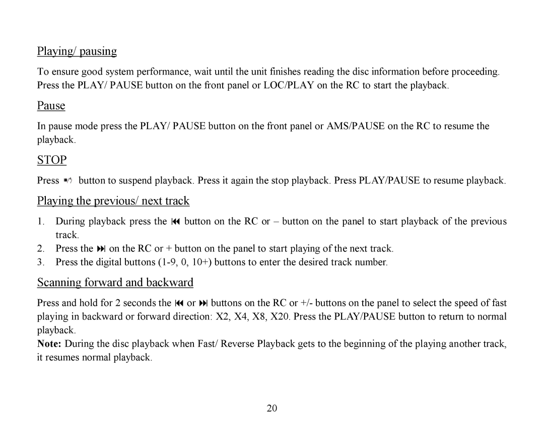 Hyundai H-CMMD4040 Playing/ pausing, Pause, Playing the previous/ next track, Scanning forward and backward 