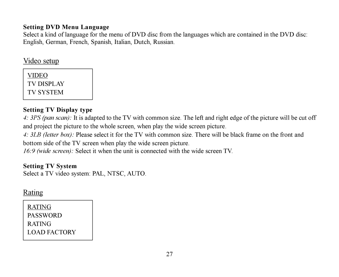 Hyundai H-CMMD4040 instruction manual Video setup, Rating 