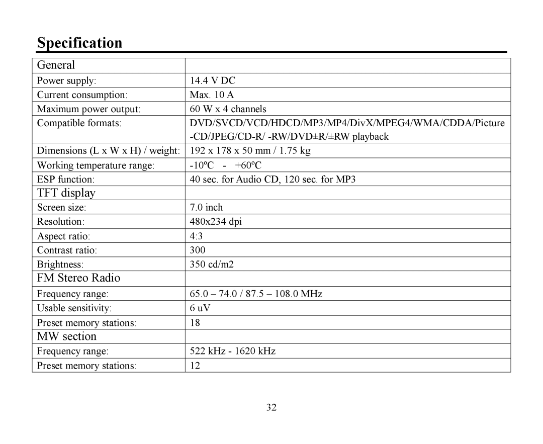 Hyundai H-CMMD4040 instruction manual Specification, General, TFT display, FM Stereo Radio, MW section 