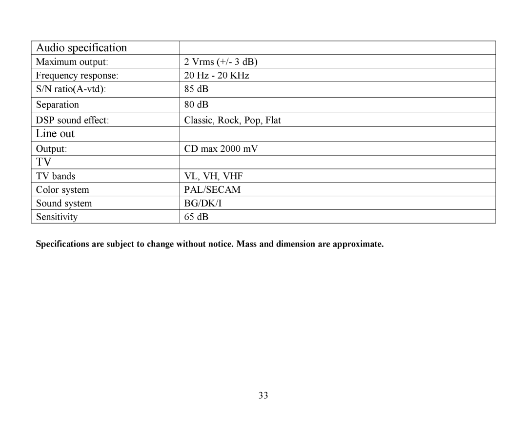 Hyundai H-CMMD4040 instruction manual Audio specification, Line out 