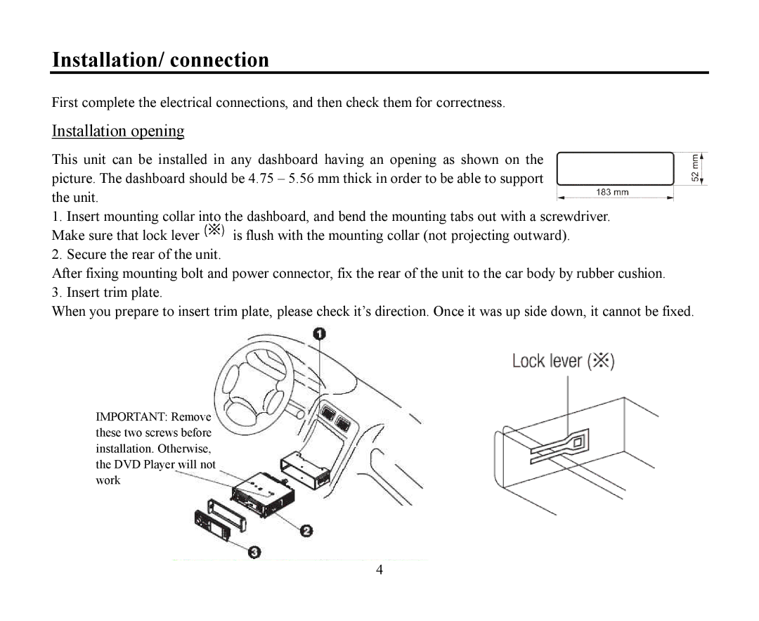 Hyundai H-CMMD4040 instruction manual Installation/ connection, Installation opening 