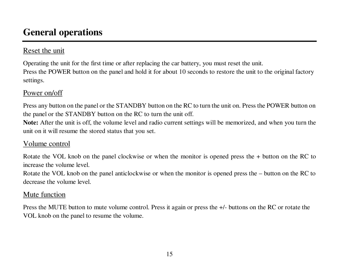 Hyundai H-CMMD4044 instruction manual General operations, Reset the unit, Power on/off, Volume control, Mute function 