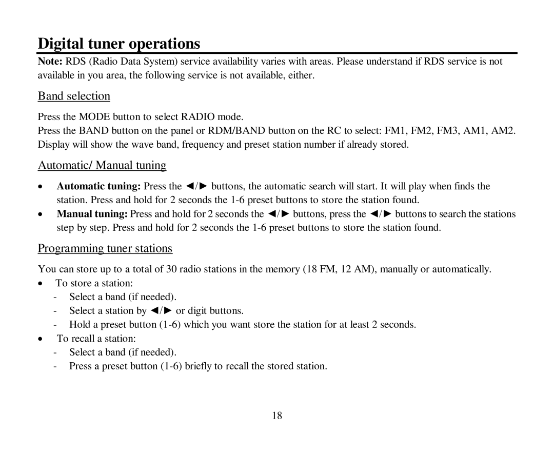 Hyundai H-CMMD4044 Digital tuner operations, Band selection, Automatic/ Manual tuning, Programming tuner stations 