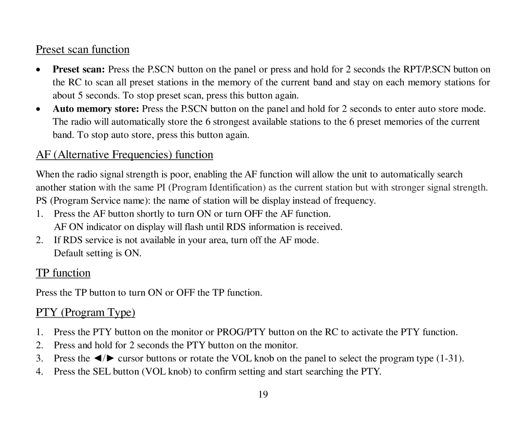 Hyundai H-CMMD4044 Preset scan function, AF Alternative Frequencies function, TP function, PTY Program Type 