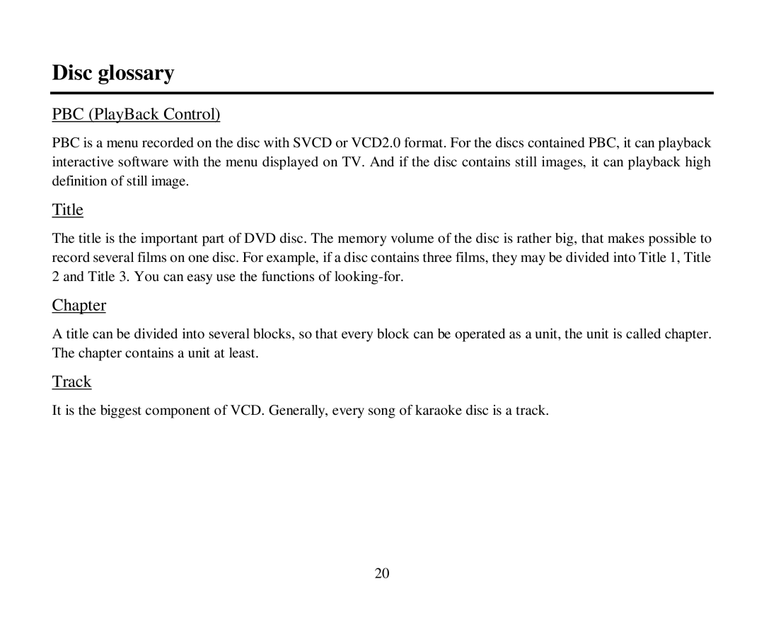 Hyundai H-CMMD4044 instruction manual Disc glossary, PBC PlayBack Control, Title, Chapter, Track 