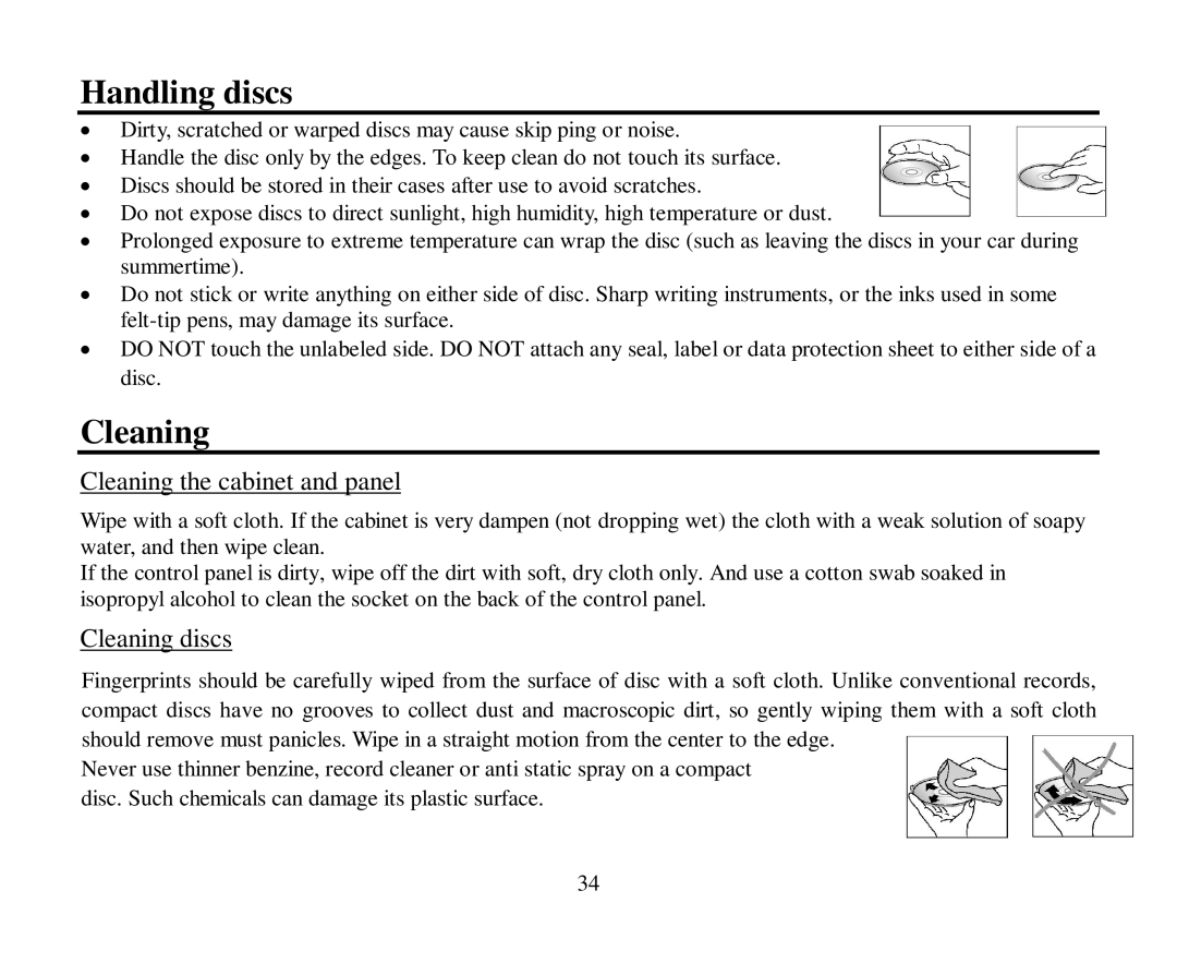 Hyundai H-CMMD4044 instruction manual Handling discs, Cleaning the cabinet and panel, Cleaning discs 