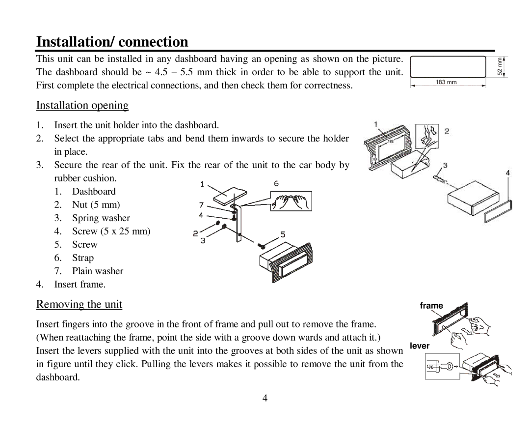 Hyundai H-CMMD4044 instruction manual Installation/ connection, Installation opening, Removing the unit 