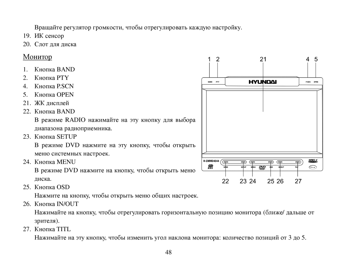 Hyundai H-CMMD4044 instruction manual BND PTY SCN Open Radio Setup DVD Menu OSD IN/OUT Titl 