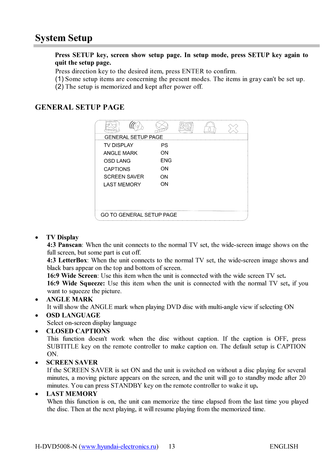 Hyundai H-DVD5008-N instruction manual System Setup, General Setup 