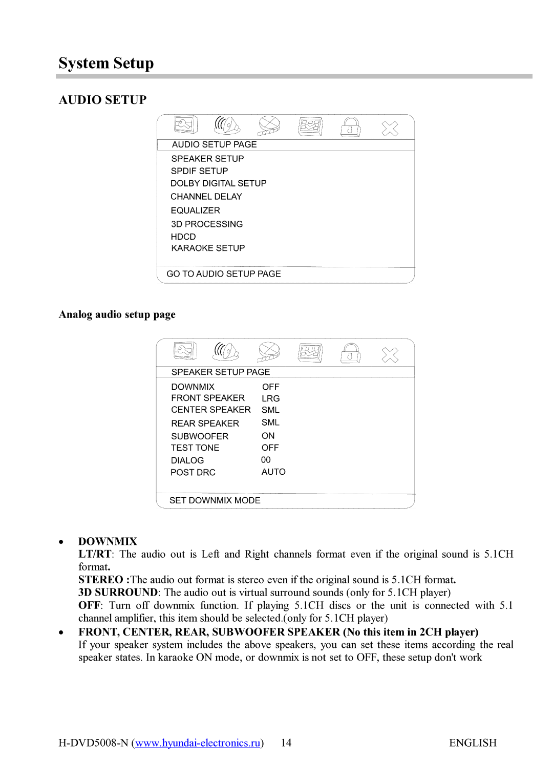 Hyundai H-DVD5008-N instruction manual Audio Setup, Analog audio setup, ∙ Downmix 