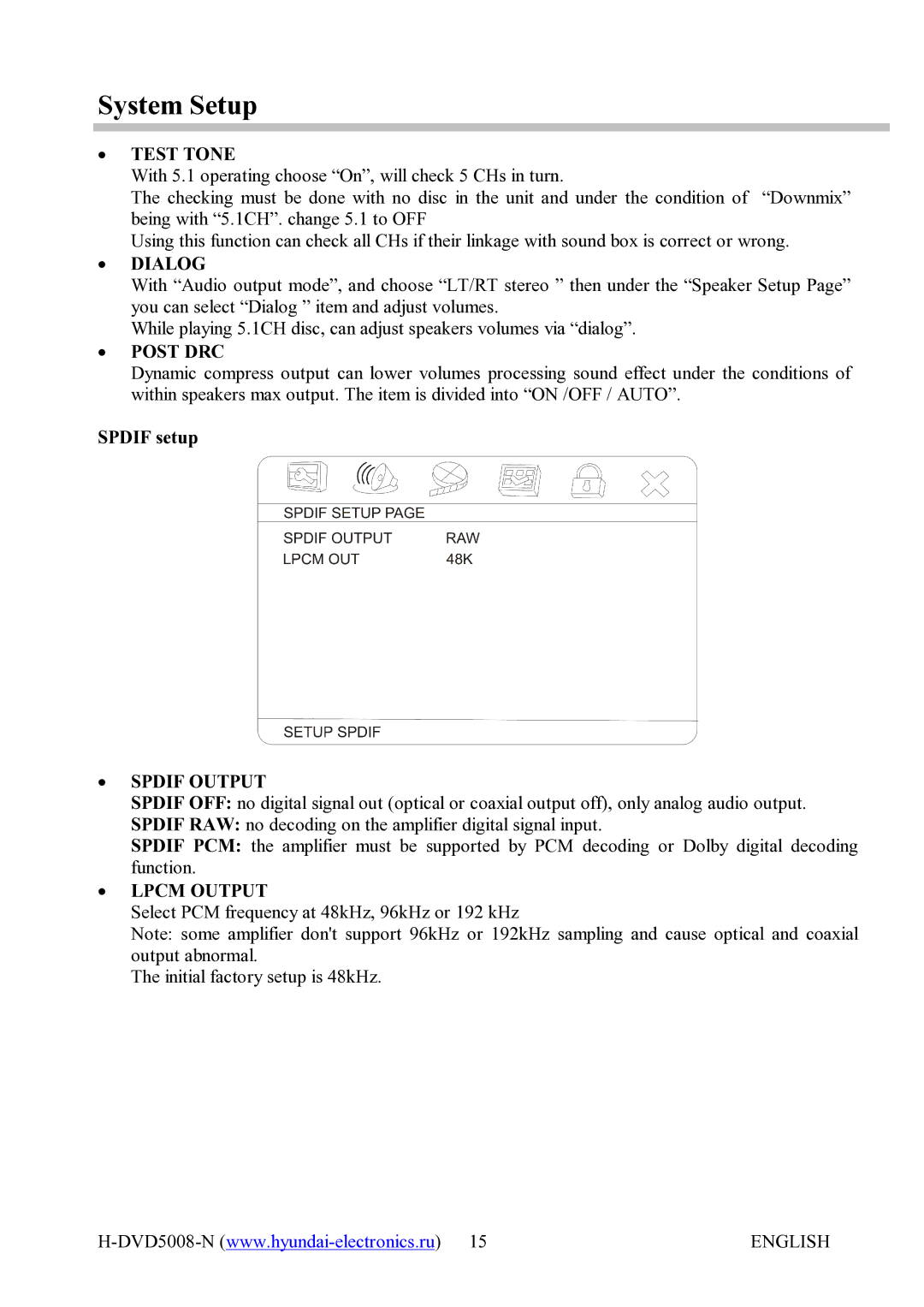 Hyundai H-DVD5008-N instruction manual ∙ Test Tone, ∙ Dialog, ∙ Post DRC, ∙ Spdif Output, ∙ Lpcm Output 