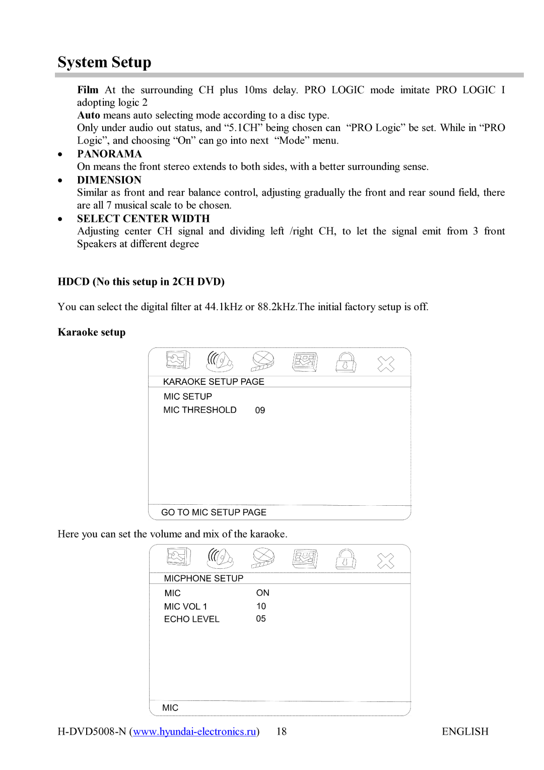 Hyundai H-DVD5008-N ∙ Panorama, ∙ Dimension, ∙ Select Center Width, Hdcd No this setup in 2CH DVD, Karaoke setup 