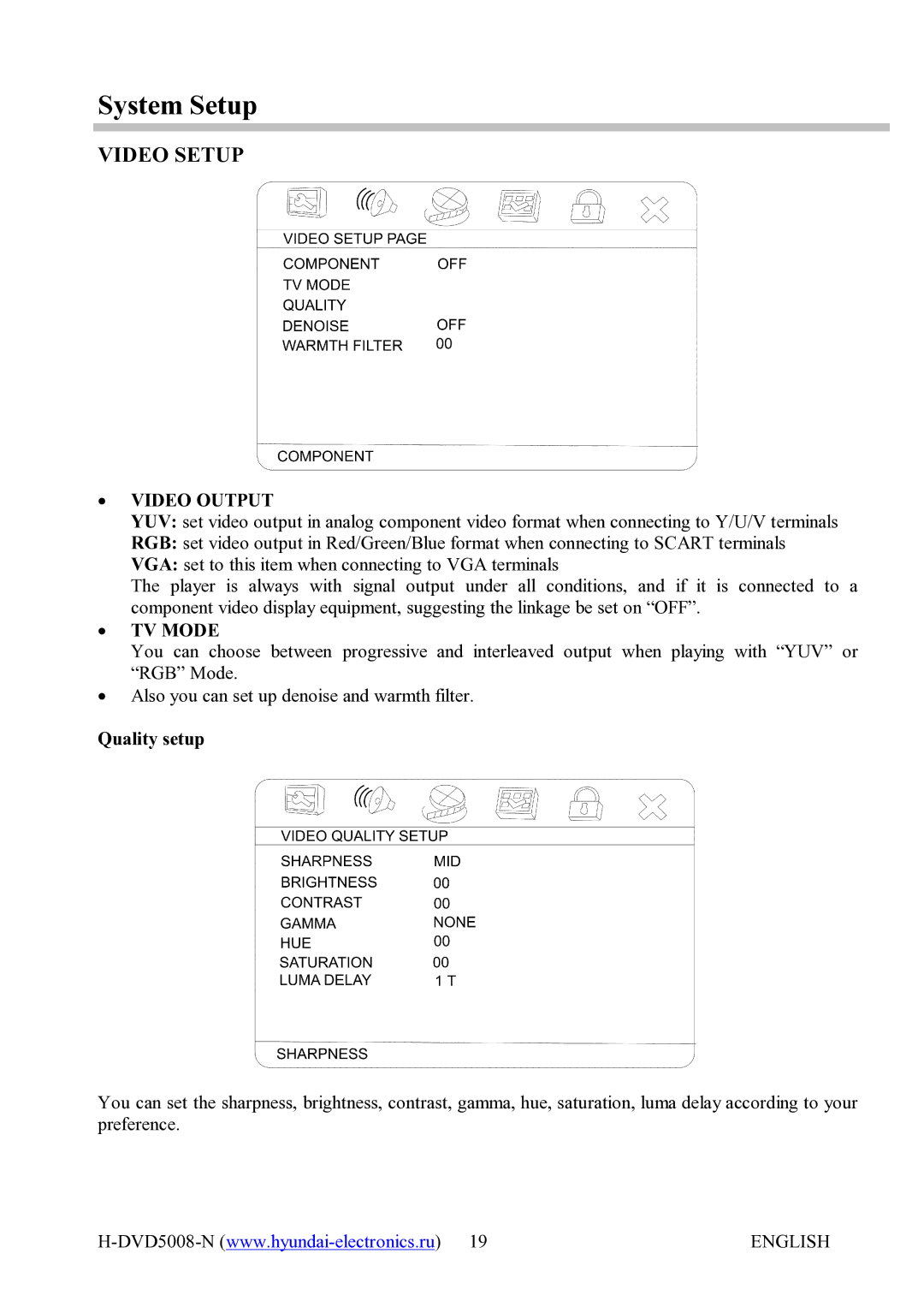 Hyundai H-DVD5008-N instruction manual Video Setup, ∙ Video Output, ∙ TV Mode, Quality setup 