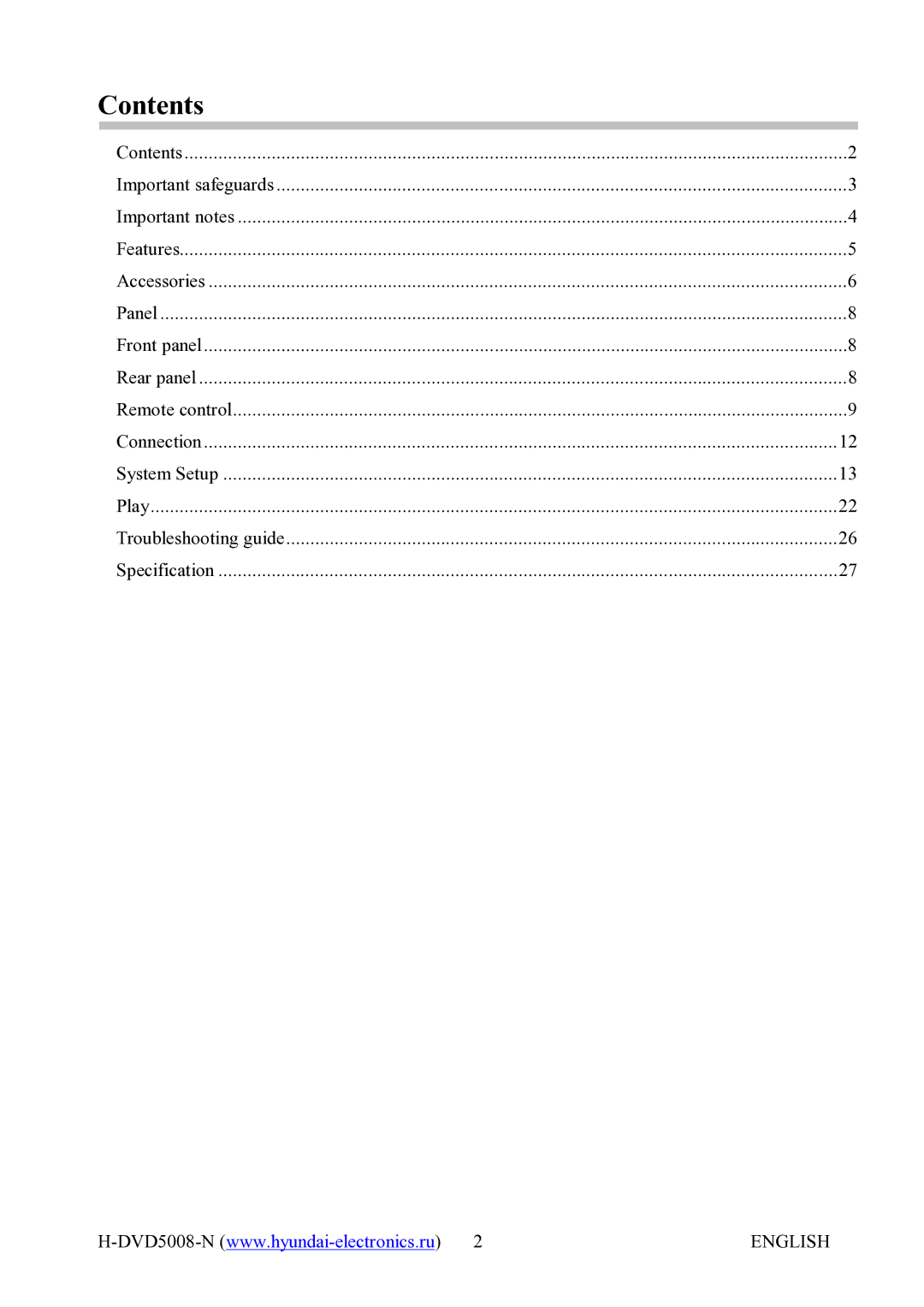 Hyundai H-DVD5008-N instruction manual Contents 