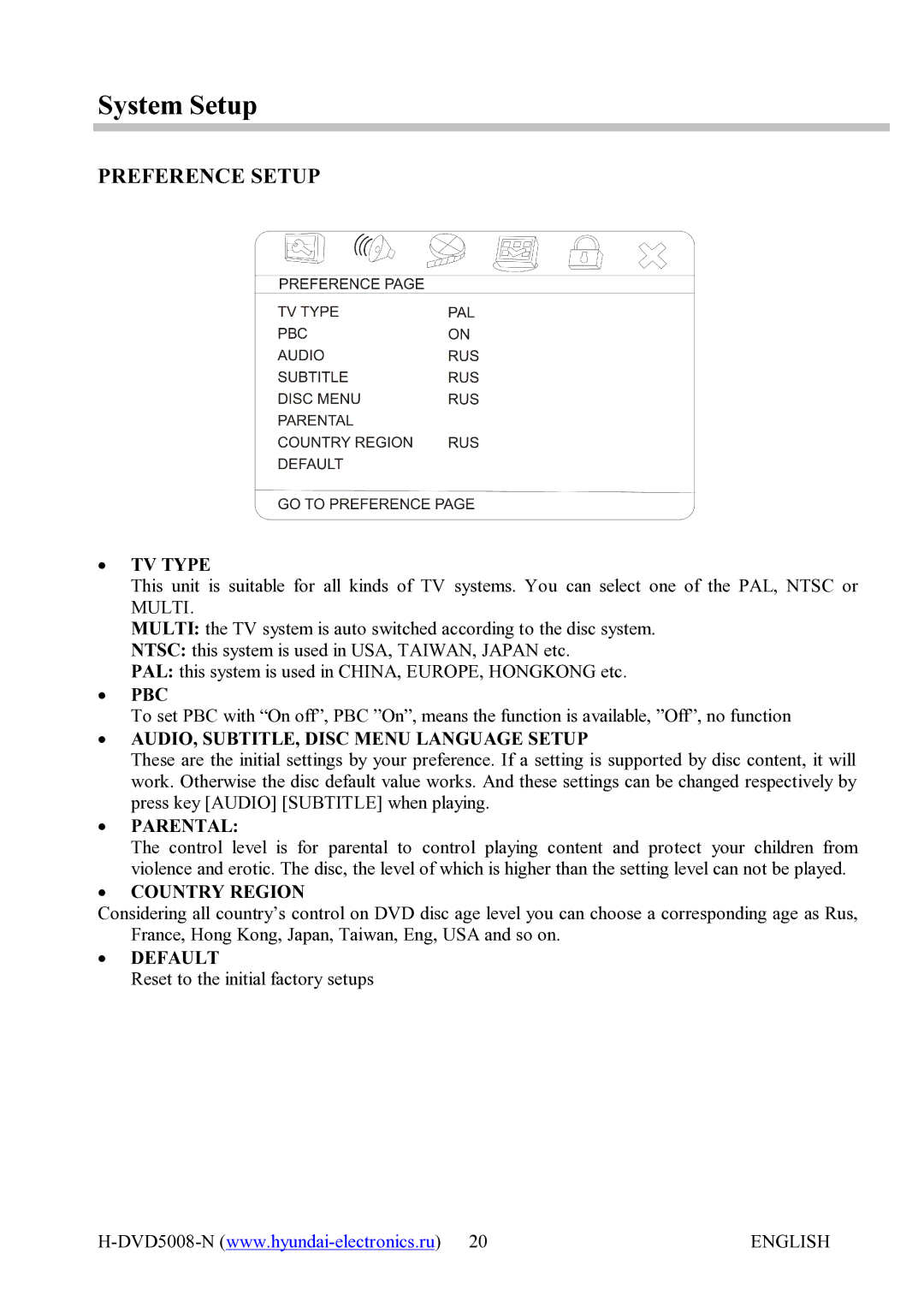 Hyundai H-DVD5008-N instruction manual Preference Setup 