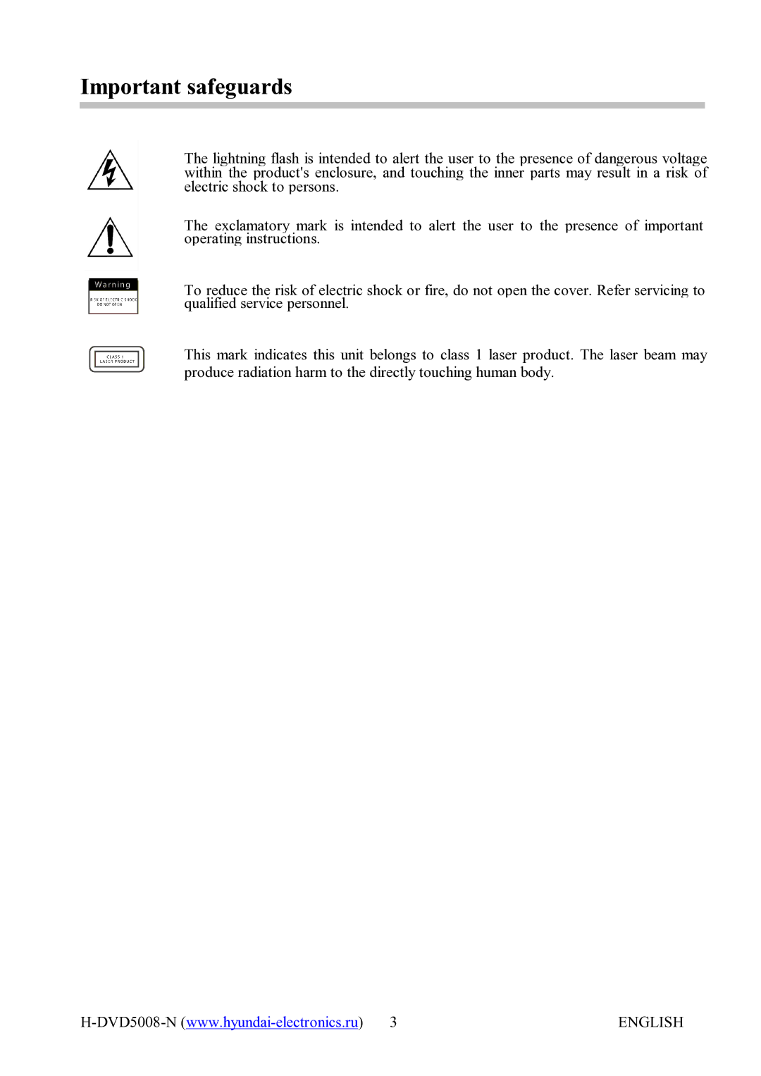 Hyundai H-DVD5008-N instruction manual Important safeguards 