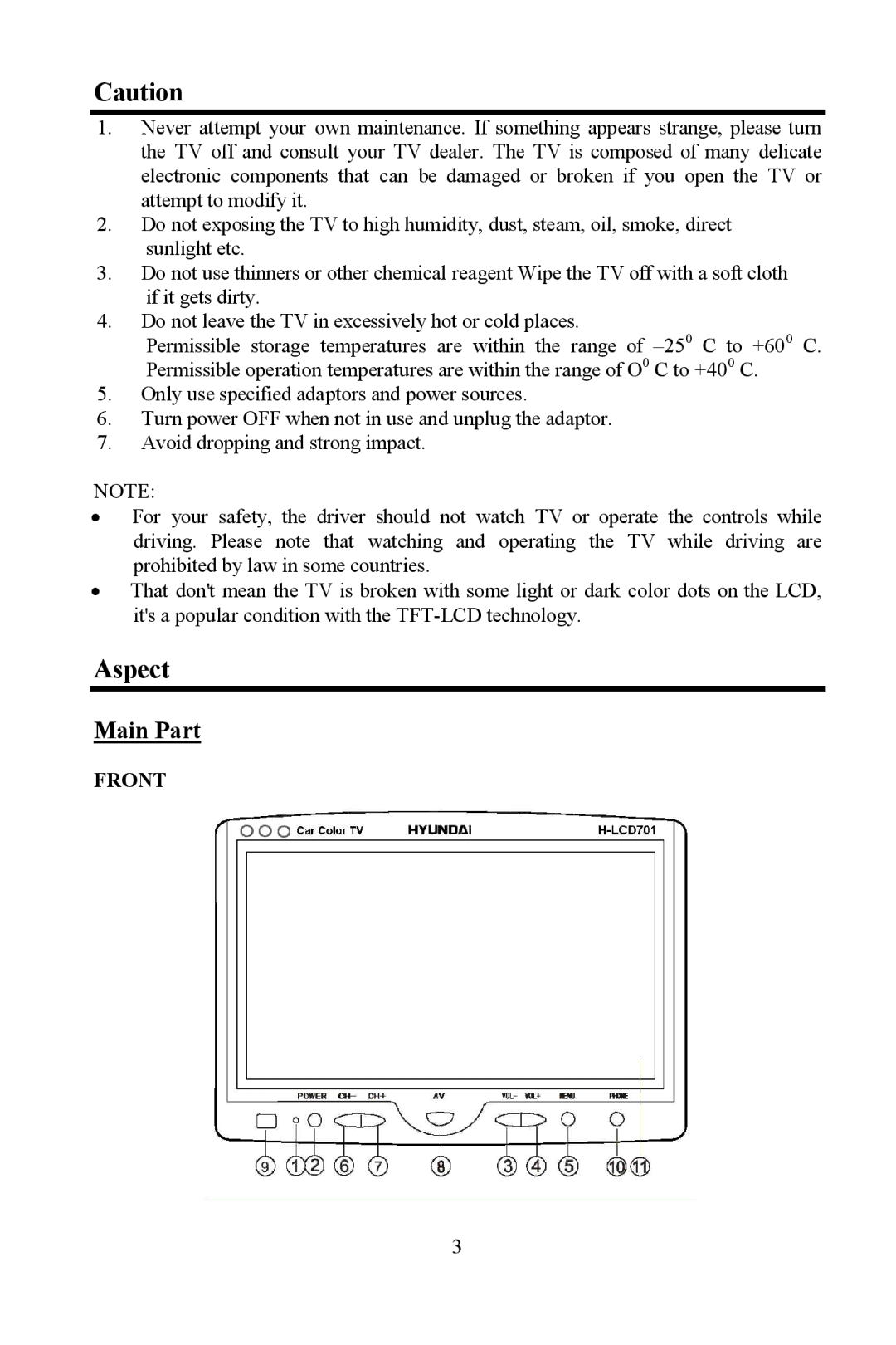 Hyundai H-LCD701 instruction manual Aspect, Main Part 