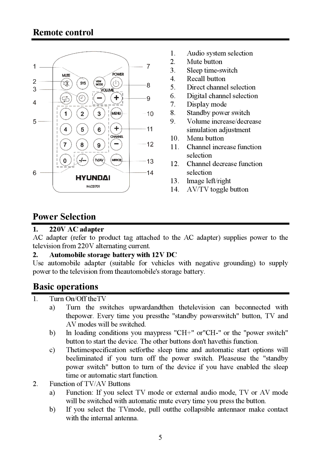 Hyundai H-LCD701 instruction manual Remote control, Power Selection, Basic operations, 220V AC adapter 