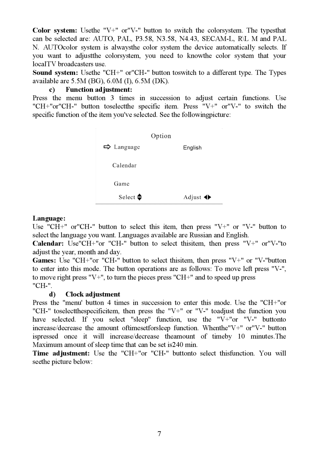 Hyundai H-LCD701 instruction manual Function adjustment, Language, Clock adjustment 