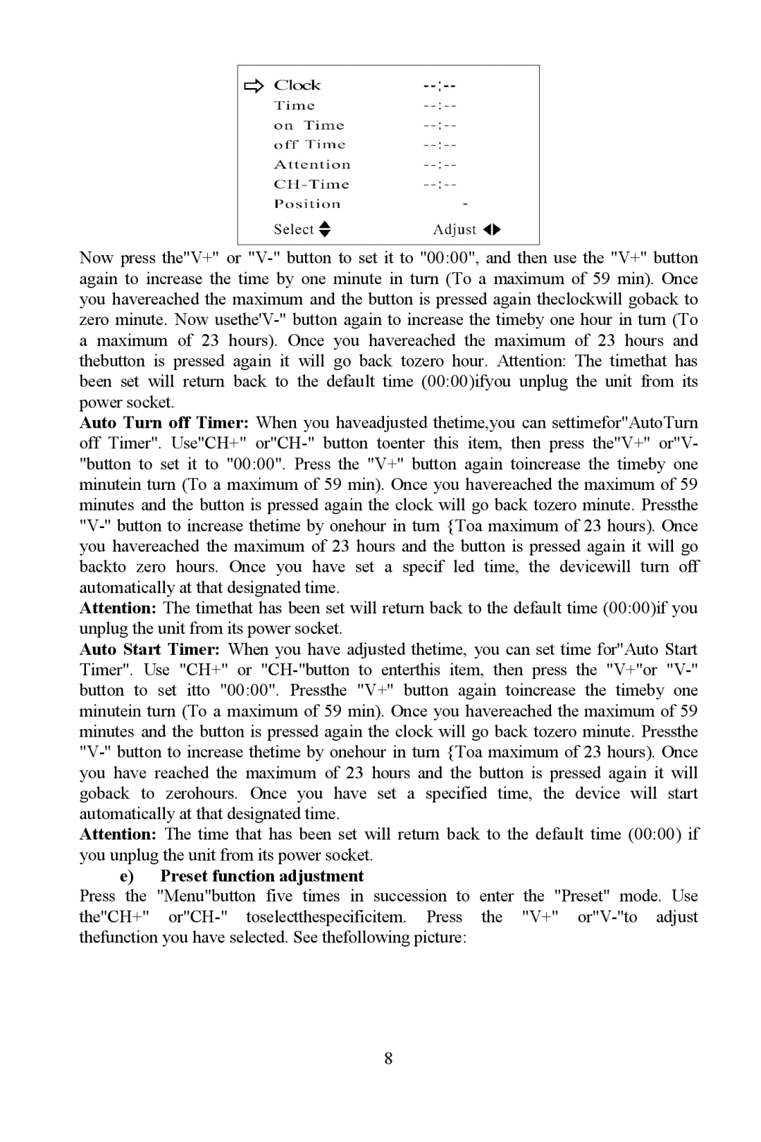 Hyundai H-LCD701 instruction manual Preset function adjustment 