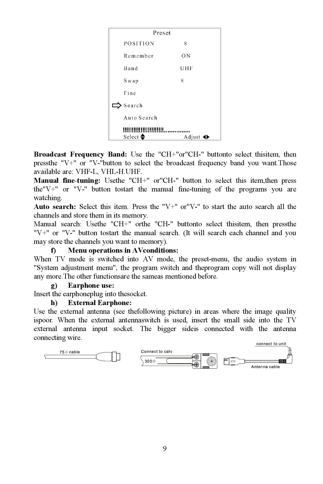 Hyundai H-LCD701 instruction manual Menu operations in AVconditions, Earphone use, External Earphone 