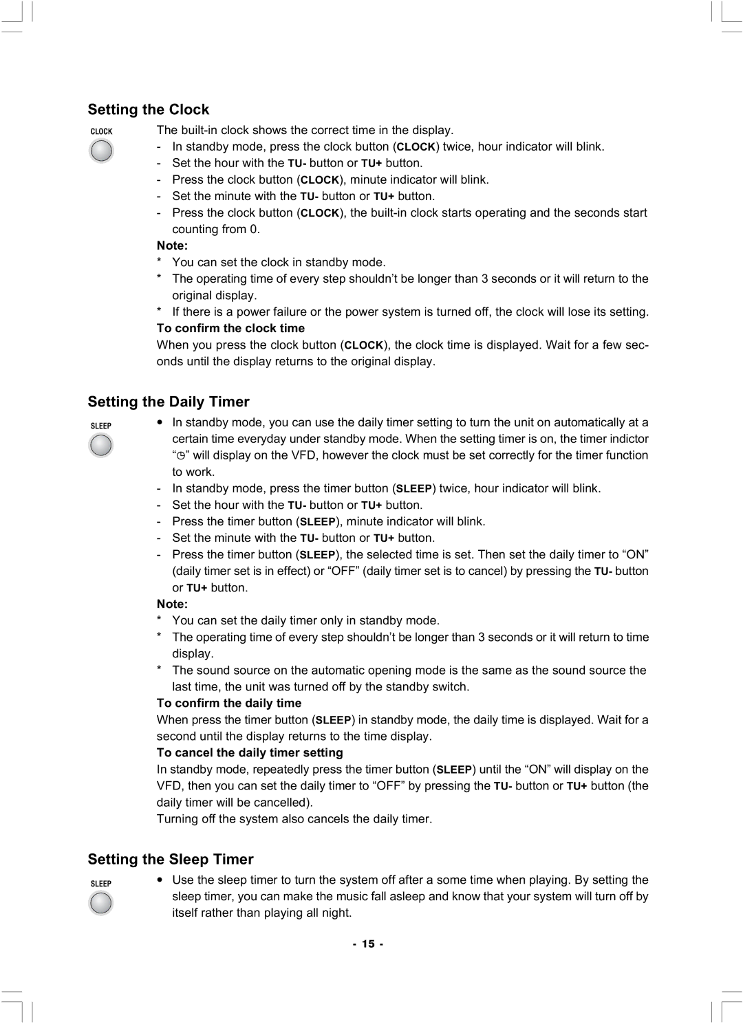 Hyundai H-MS1100 manual Setting the Clock, Setting the Daily Timer, Setting the Sleep Timer 