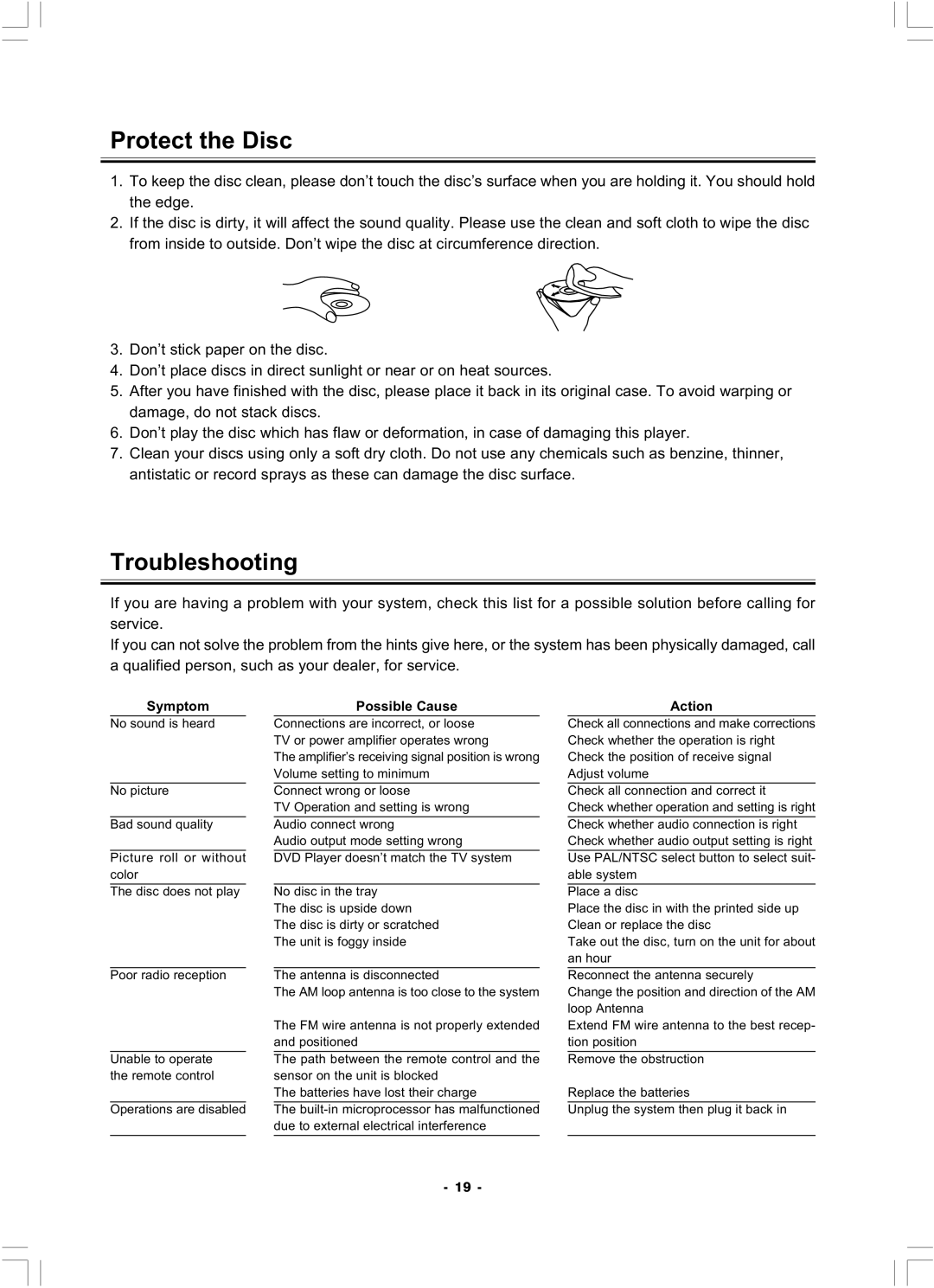 Hyundai H-MS1100 manual Protect the Disc, Troubleshooting, Symptom No sound is heard, Possible Cause, Action 